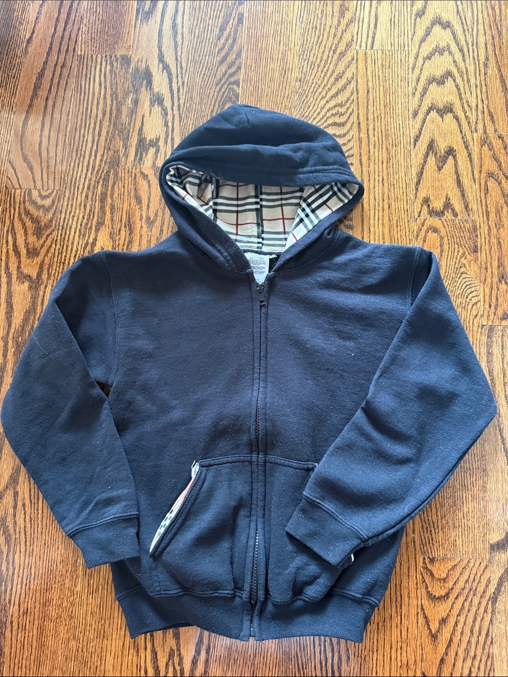 Kids Navy Hooded Zip Jacket with Plaid Lining